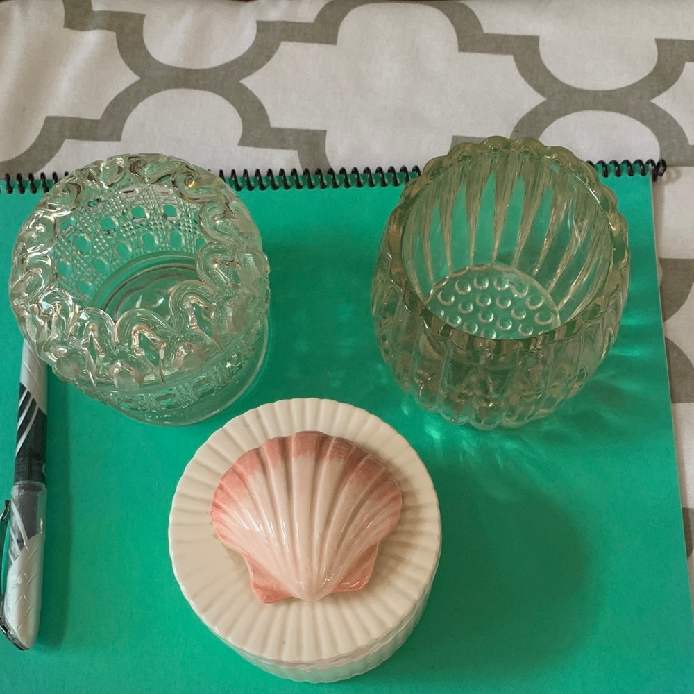 Antique glass containers(2 r set)/jar plus a porcelain shell container no dmg